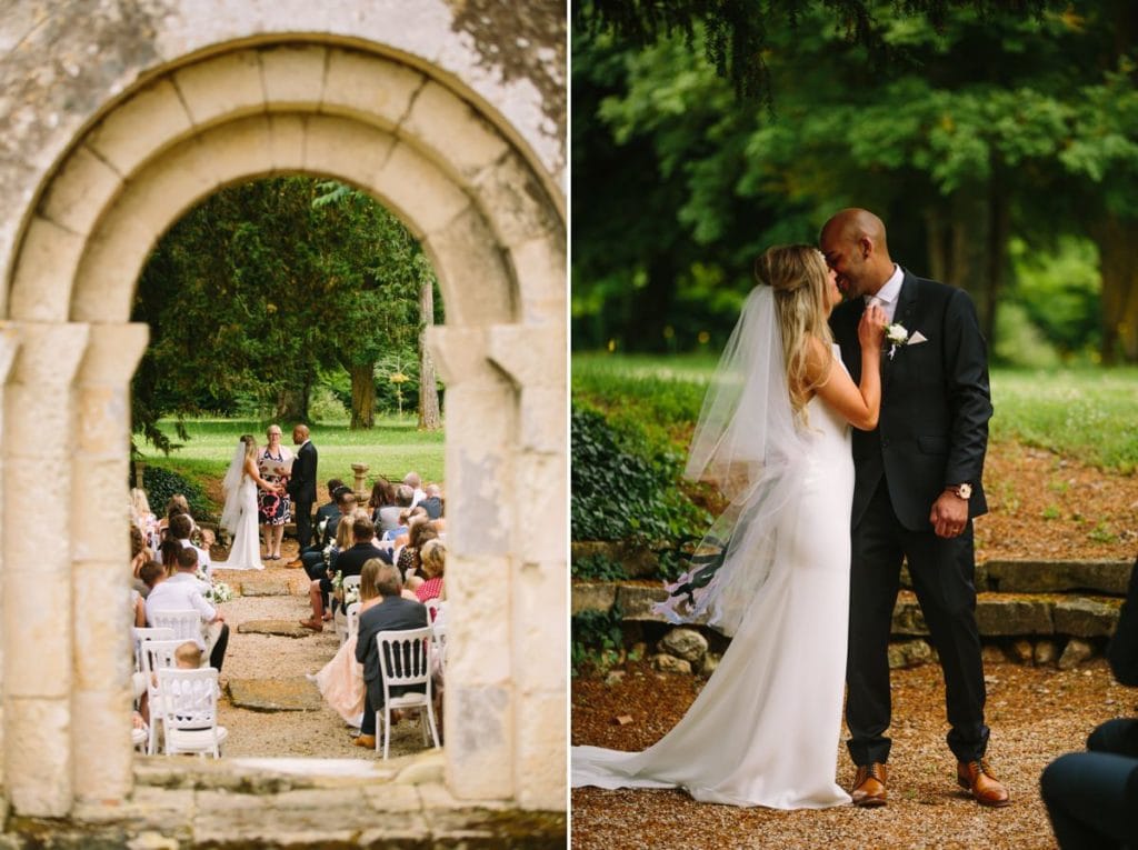 Bordeaux France wedding photographer Chateau Clerbise venue ceremony first kiss