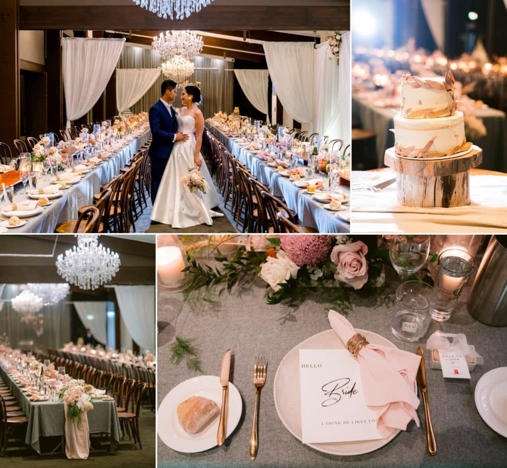 Victoria Park wedding photographer reception styling pink gold florals cake