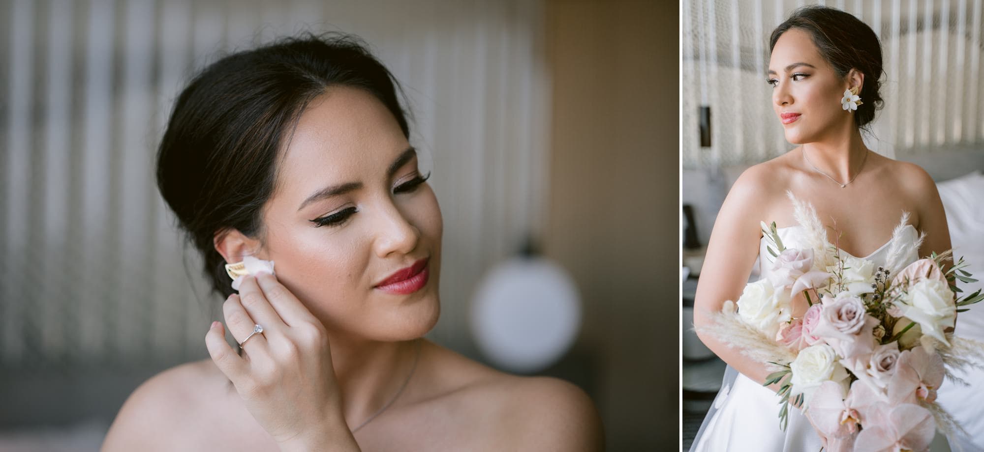 Victoria Park wedding photographer bride prep details gown earrings